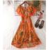 Taotao quần áo thời trang mùa hè hoang dã V-Cổ với cánh hoa tay áo cao eo màu đầm voan nữ 31399 đầm nhún eo Váy eo cao