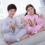 Bộ đồ ngủ trẻ em cotton dài tay mùa xuân và mùa thu bé gái lớn và bé gái phục vụ tại nhà phù hợp với mùa hè cha mẹ và con gái pijama nam