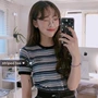 Ghost Horse Girl 2019 Summer New Women Super Fire Cec Ocean Sọc Tops Vòng cổ Slim Áo thun ngắn tay - Cộng với kích thước quần áo áo sơ mi nữ kiểu hàn quốc