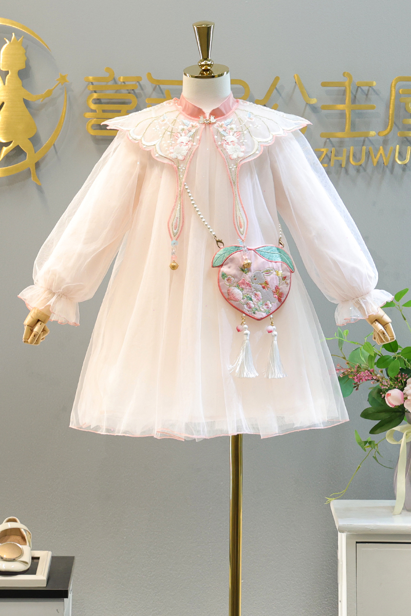 Girls' Princess Dress 2023 Spring and Autumn Improved Chinese Style Cloud Shoulder Hanfu Dress Veil Dress Sweet Children's Dress