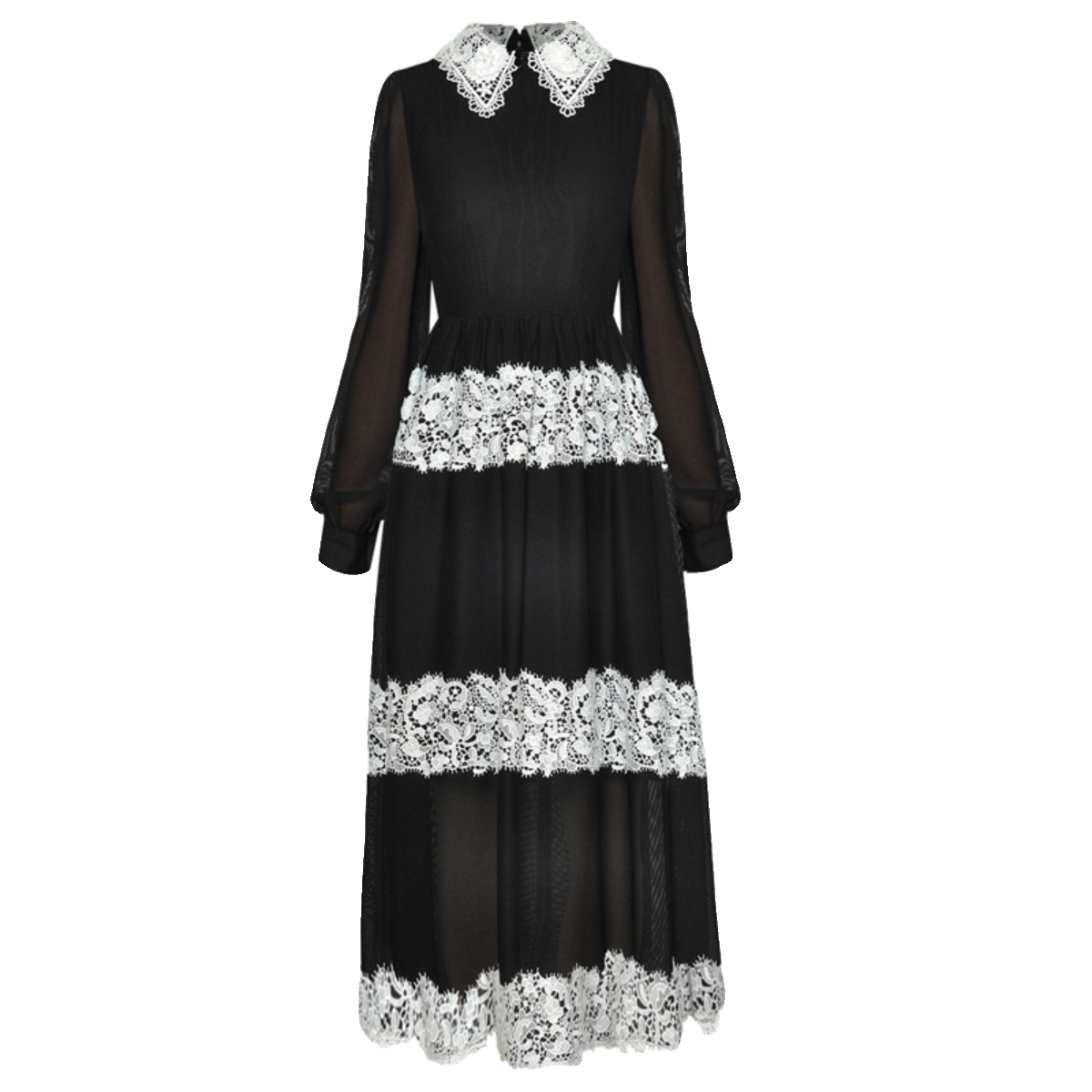 Vintage Ladies Style Lace Lapel Black and White Contrast Color Waist Puffy Dress Dress dress 2023 Autumn and Winter New