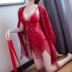 Quần áo sexy, ren, vui vẻ, đồ ngủ, đồng phục trong suốt dành cho người lớn, bộ đồ ngủ dài tay, ba mảnh trang phục sexy nhà áo choàng