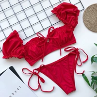 Красный бюстгальтер-топ, раздельный сексуальный пляжный купальник, короткий рукав, популярно в интернете, по фигуре