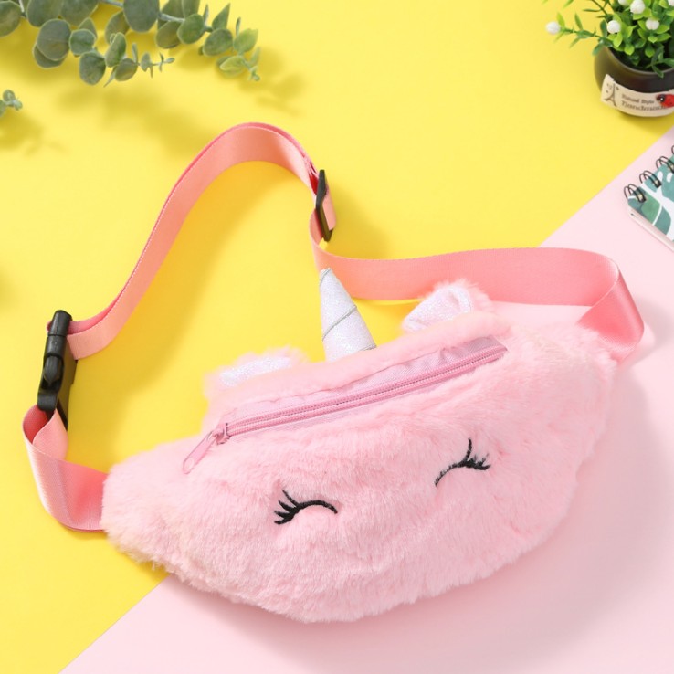 Pure Pink Unicorntie-dyed Plush unicorn Pocket Pink girl One shoulder Inclined shoulder bag lovely Cartoon children student Chest pack Satchel