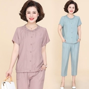 Bộ đồ ngủ của mẹ trung niên phù hợp với mùa hè mặc áo lụa ngắn tay hai mảnh của phụ nữ trung niên - Quần áo của mẹ
