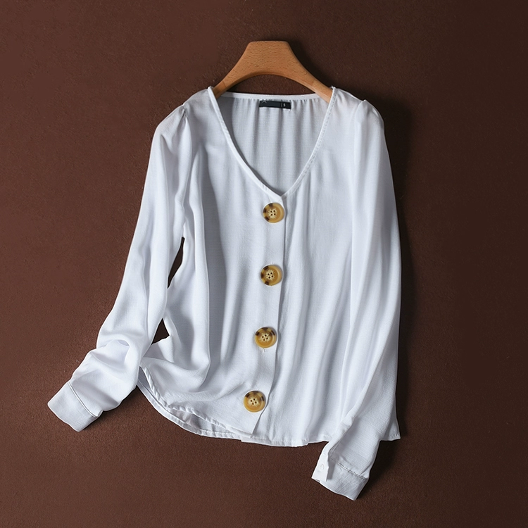 Áo sơ mi trắng dài tay cổ chữ V của phụ nữ Âu Mỹ chất lượng tốt phiên bản rộng rãi thẳng giản dị tất cả các kết hợp áo blouse s04810 - Áo sơ mi