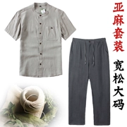 Trung quốc phong cách cotton và linen đặt người đàn ông trung niên của XL lỏng hai mảnh mùa hè phần mỏng ngắn tay T-Shirt phù hợp với