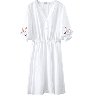 [Giá mới 129 nhân dân tệ] 2018 mùa hè mỏng tươi v- cổ thêu đèn lồng tay áo đầm đầm trắng