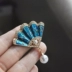 Ba mảnh của tai bạc 925 kim kẹp tai clip trâm phức tạp cổ Vintage xanh quạt quạt 8 - Trâm cài