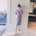 Thai sản mặc 2018 mùa hè mới v- cổ sọc khâu lỏng thời trang phụ nữ mang thai nóng mẹ áo dài Hàn Quốc đầm bầu cao cấp Áo thai sản