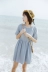 Thỏ buồn ngủ nhỏ tươi màu xám xanh ngọt Nhật Bản tuổi ngắn tay áo một từ cao eo ngắn váy nữ mùa hè