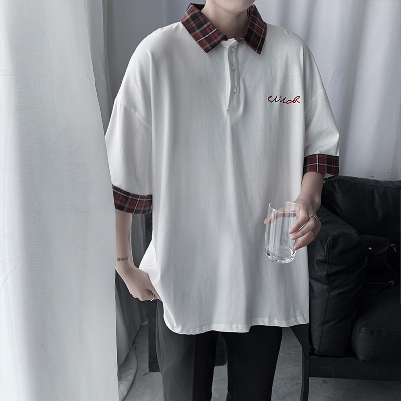 Summer Lapel 5-point sleeve t-shirt men's short sleeve fashion brand Hong Kong style literature and Art Korean Trend mix and match loose 5-point sleeve top