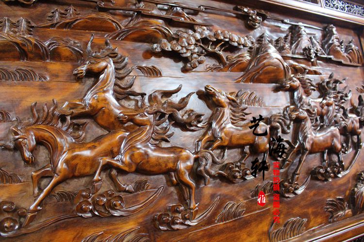 东阳木雕落地插屏玄关 中式仿古雕花八骏图屏风厂家直销