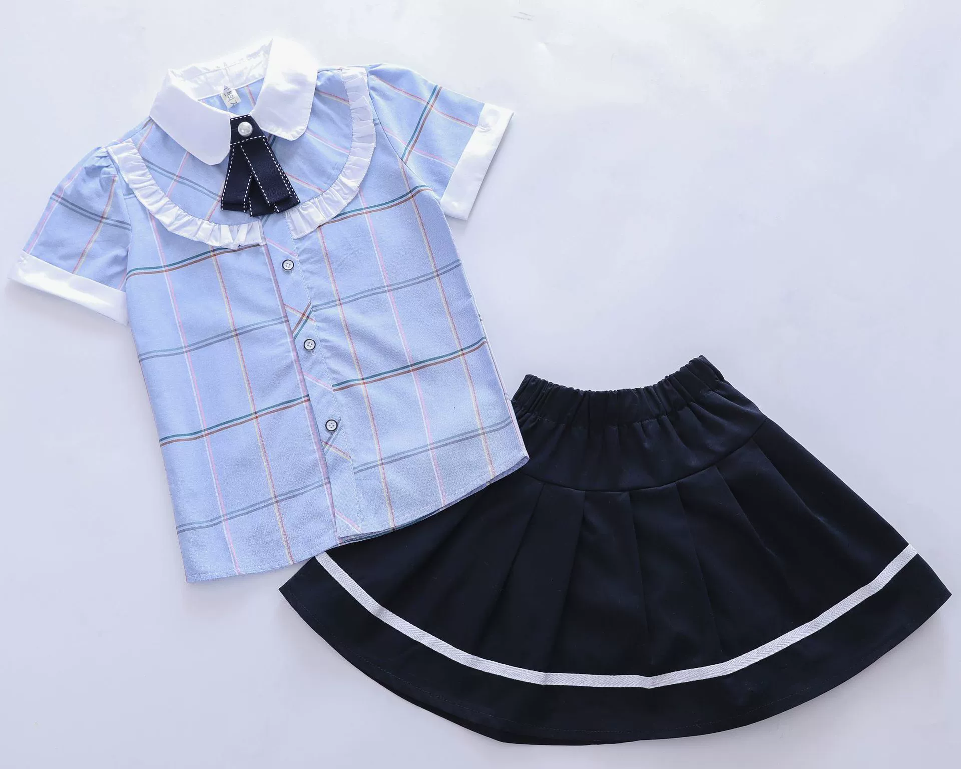 Đồng phục mẫu giáo mùa hè đồng phục học sinh tiểu học phục vụ lớp áo sơ mi kẻ sọc xanh nam và nữ xếp li váy ngắn - Đồng phục trường học / tùy chỉnh thực hiện