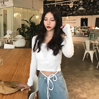 Áo mùa thu mang hương vị Hồng Kông của phụ nữ thời trang retro phong cách chic slim slim solid solid tie dây dài tay áo thun ngắn tay áo phông nữ rộng