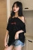 Retro chic Hồng Kông hương vị một cách cẩn thận máy quây treo cổ dây đeo letter in ấn dài T-Shirt sexy hoang dã áo sơ mi nữ Áo phông