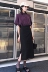 Hồng Kông-hương vị thời trang hai mảnh phù hợp với chic retro tính khí tím ngắn tay áo + cao eo chia mid-length váy áo kiểu trung niên Bộ đồ