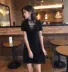 Hồng Kông-phong cách retro chic gió V-Cổ ren Mỏng ngắn tay màu đen váy eo giảm béo màu sắc hoang dã một từ ăn mặc A-Line Váy