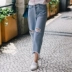 2018 mùa xuân mới cao eo lỗ chín điểm chân rộng jeans nữ lỏng mỏng sinh viên thô cạnh quần chân rộng thủy triều Quần jean