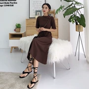 Hồng Kông-phong cách retro chic tính khí thời trang màu rắn cổ tròn đu lớn trong chiếc váy dài Slim mỏng Một từ ăn mặc