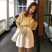 Mùa hè Hàn Quốc phiên bản của lỏng mỏng nhỏ tươi vuông cổ áo kẻ sọc áo sơ mi ngắn tay áo sơ mi + hoa quần short phù hợp với