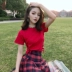 Hàn quốc phiên bản của giản dị phù hợp với net red retro đoạn ngắn dây đai thắt lưng đan T-Shirt + lưới xếp li váy hai mảnh shop thời trang nữ Bộ đồ