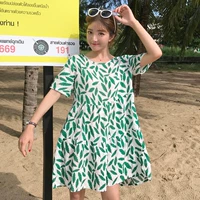 Mùa hè Hàn Quốc văn học retro kỳ nghỉ gió lá in vòng cổ ngắn tay lỏng búp bê ăn mặc váy dài váy váy lưới dài