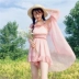 Mùa hè Hàn Quốc phiên bản của nhỏ tươi voan tai gỗ dây đeo + xếp li eo cao quần short + quần áo chống nắng ba mảnh phù hợp với