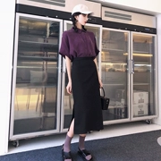 Hồng Kông-hương vị thời trang hai mảnh phù hợp với chic retro tính khí tím ngắn tay áo + cao eo chia mid-length váy