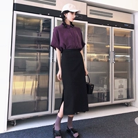 Hồng Kông-hương vị thời trang hai mảnh phù hợp với chic retro tính khí tím ngắn tay áo + cao eo chia mid-length váy áo kiểu trung niên