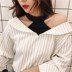 2018 mùa xuân mới của Hàn Quốc phiên bản của lỏng V-cổ sọc khâu giả hai mảnh áo sơ mi dài tay off-the-vai áo khoác sơ mi nữ dài tay đẹp Áo sơ mi dài tay