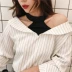 2018 mùa xuân mới của Hàn Quốc phiên bản của lỏng V-cổ sọc khâu giả hai mảnh áo sơ mi dài tay off-the-vai áo khoác các kiểu áo sơ mi hoa nữ đẹp Áo sơ mi dài tay