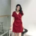 Mùa hè mới của Hàn Quốc phiên bản của gió retro Slim là mỏng không thường xuyên V-cổ ngắn tay eo vành đai đầm voan nữ 	váy hạ eo xếp ly	 Váy eo cao