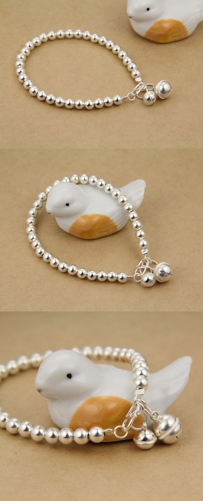 新款s925纯银转运珠珠双铃铛手链 女款 原创手工饰品批发