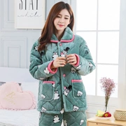 Bộ đồ ngủ chần bông nữ ba lớp dày mùa đông Bộ đồ ngủ bằng vải bông Bộ đồ ngủ bằng vải pha lê nhung
