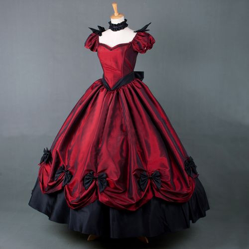 Ladies Red Gothic Satin Lace Ruffles Short Sleeve Lolita Dress Cosplay ...