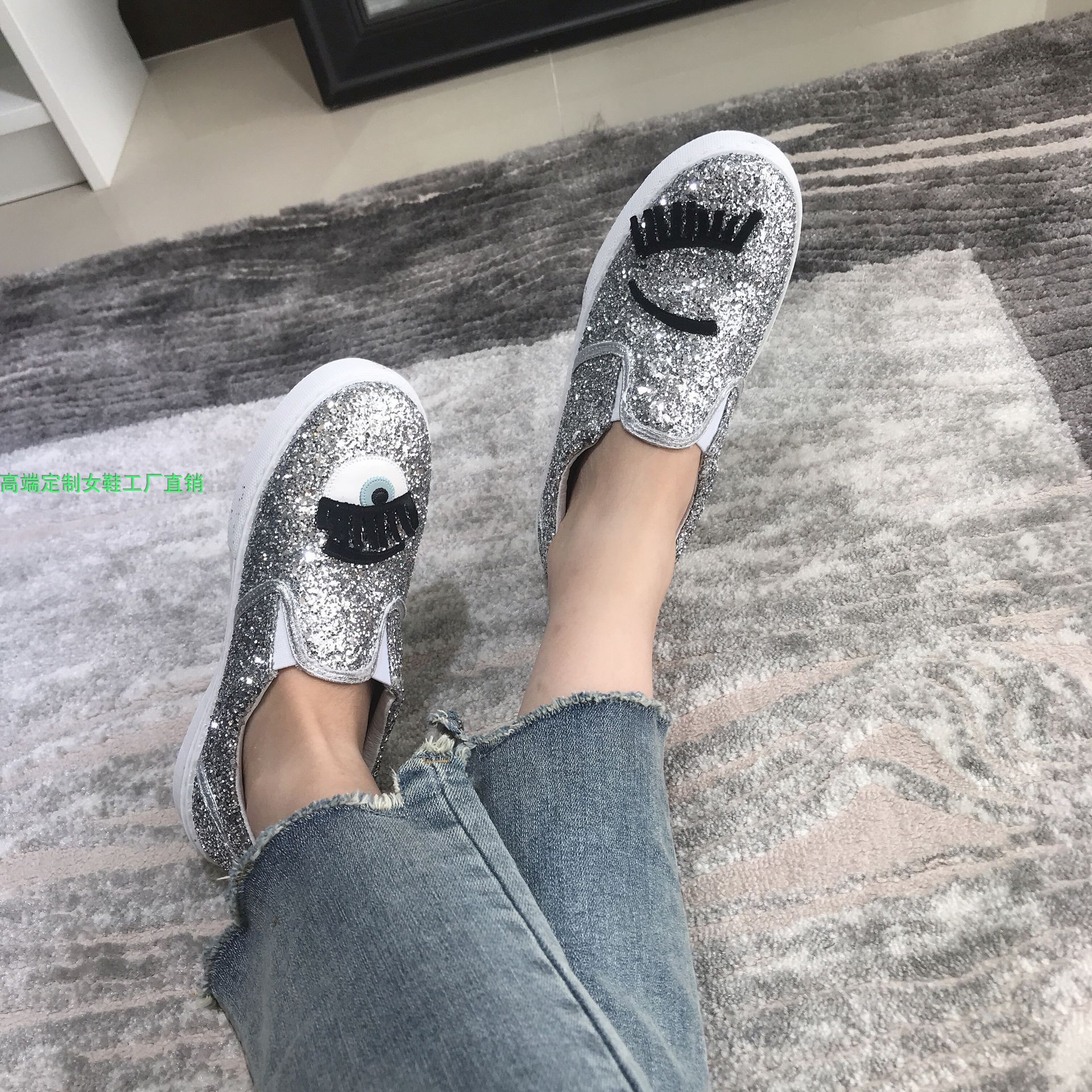 Silver S2021 spring Big eyes eyelash Women's Shoes Baotou Single shoes female cf Sequins Lips Embroidery low-heel Flat shoes tide Thick bottom