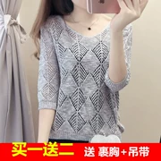 2018 mùa hè mới Hàn Quốc phiên bản của vòng cổ màu rắn rỗng áo len của phụ nữ đầu dài tay áo phần mỏng loose hoang dã top