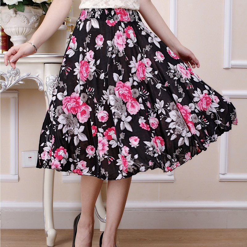 Phụ nữ trung niên của mùa hè váy ngắn váy mẹ váy váy đàn hồi eo phụ nữ kích thước lớn nhảy vuông váy khiêu vũ