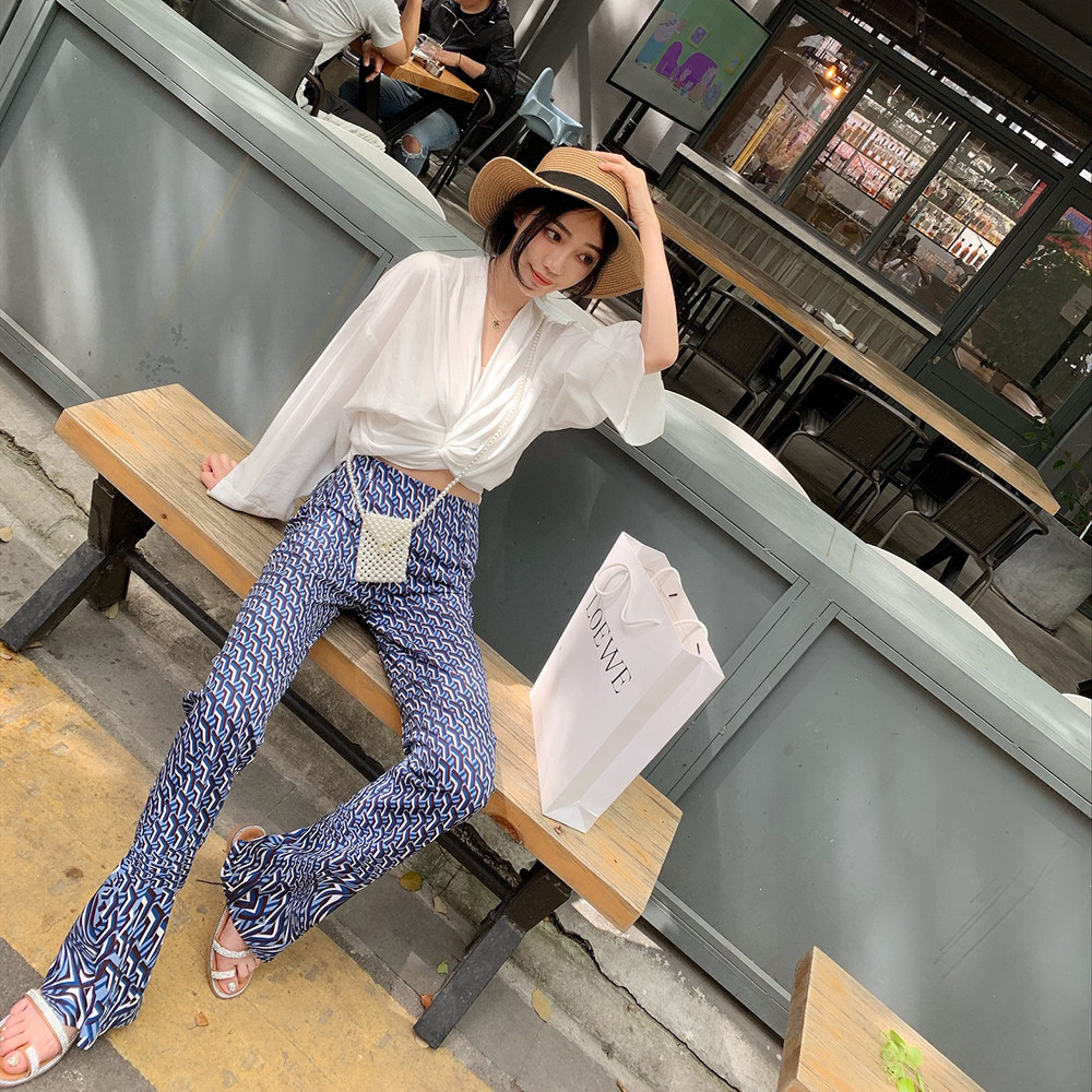 2022 Summer new slimming pants, floor-length pants, slimming printed wide-leg pants, beach and seaside vacation slightly flared long pants Item Picture