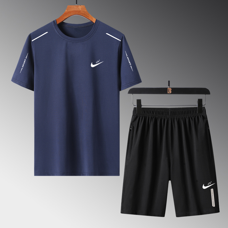 8812 Two Piece Dark Blue ShortsNike summer Ice silk leisure time Sports suit male run Short sleeve T-shirt Crew neck Quick drying shorts Three piece suit