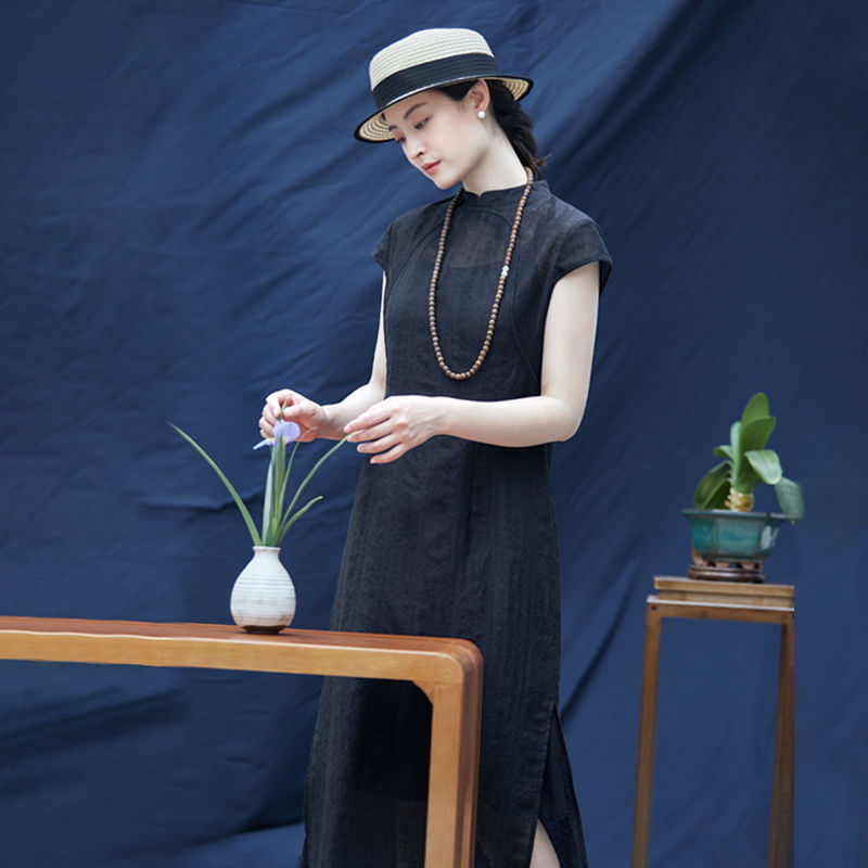 Summer imitation linen -like cotton cotton biochemical two plackets and small stand -up collar to improve cheongsam skirt female [hometown flower tea 2] 2023