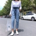 Hàn quốc phiên bản của lỏng tie với hoa cao eo jeans nữ mùa thu mới hoang dã sinh viên bình thường chín quần thẳng quần quần jean cao cấp Quần jean