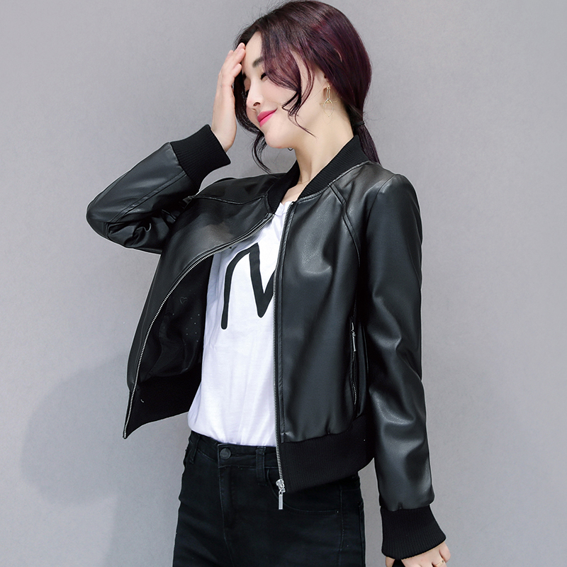 Da nhỏ phụ nữ ngắn pu leather jacket 2018 mùa xuân và mùa thu new casual đồng phục bóng chày vòng cổ áo khoác da hoang dã mỏng