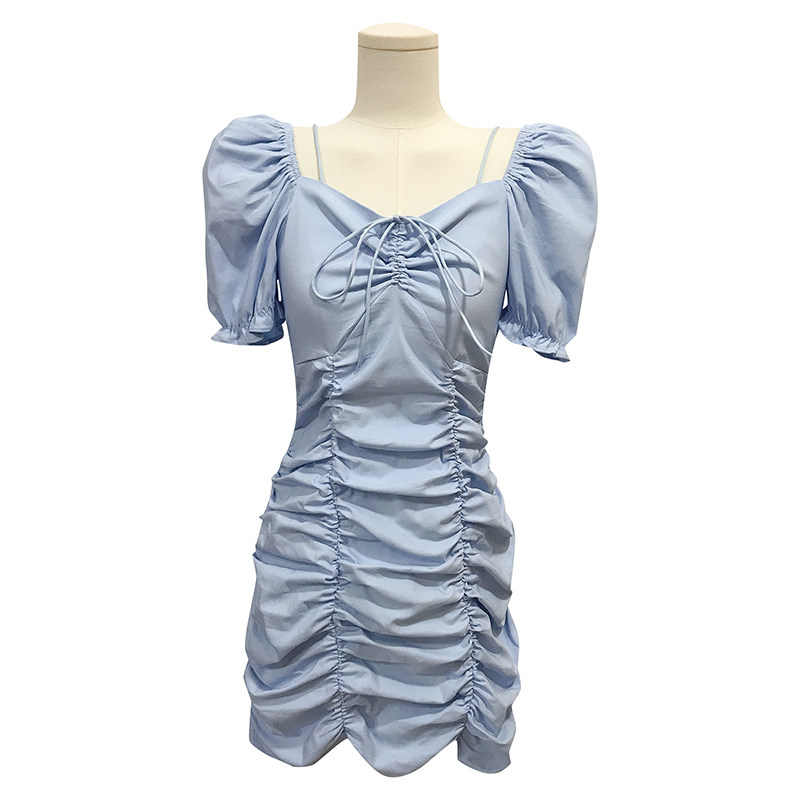 连衣裙2021新春夏款吊带v领泡泡袖褶皱