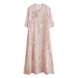 Летнее ципао, платье, из хлопка и льна, китайский стиль, круглый воротник, в цветочек