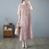 Летнее ципао, платье, из хлопка и льна, китайский стиль, круглый воротник, в цветочек