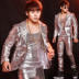 Thanh Châu Âu và Hoa Kỳ thủy triều của nam giới đinh tán bạc xe gắn máy da hộp đêm ca sĩ Hàn Quốc stage set Quần áo lông thú