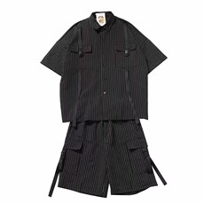 Мода Set 夏季机能嘻哈工装套装男女暗黑系条纹短袖衬衫短裤情侣潮牌两件套