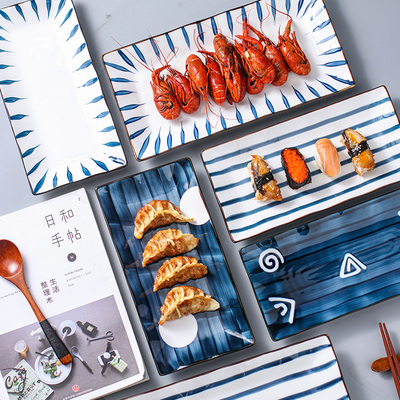 日式陶瓷长方形寿司盘创意手绘蒸鱼盘子家用餐盘网红甜品盘托盘